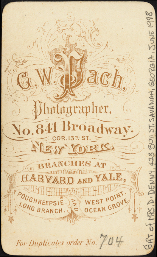 Verso of a carte de visite by G.W. Pach of New York, c. 1859-1890. Boston Public Library, accession number 13_05_000847. Verso of a carte de visite by G.W. Pach of New York, c. 1859-1890. Boston Public Library, accession number 13_05_000847.